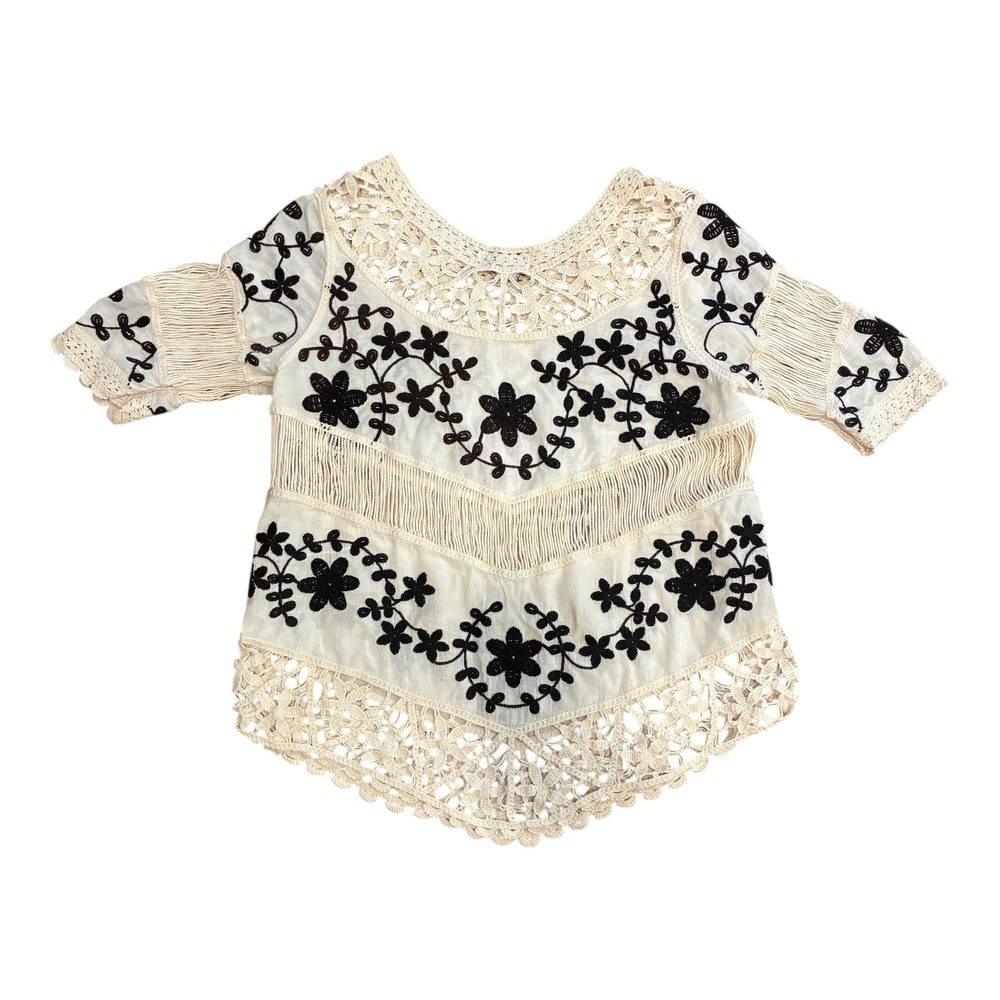 Oliver by Esosa‎ Cream Crochet Embroidered Floral Top Bohemian Blouse
